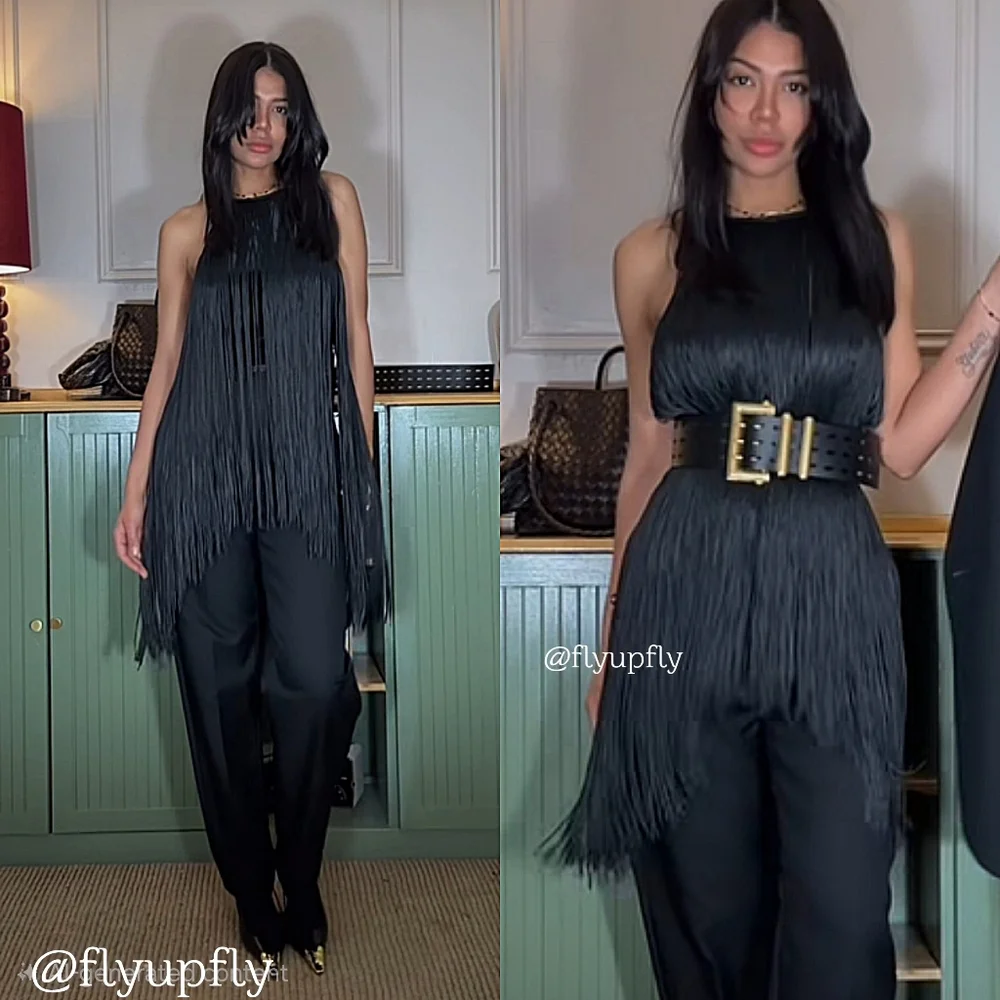 ZARA Fringed Velvet Halter Top Black Size XS S